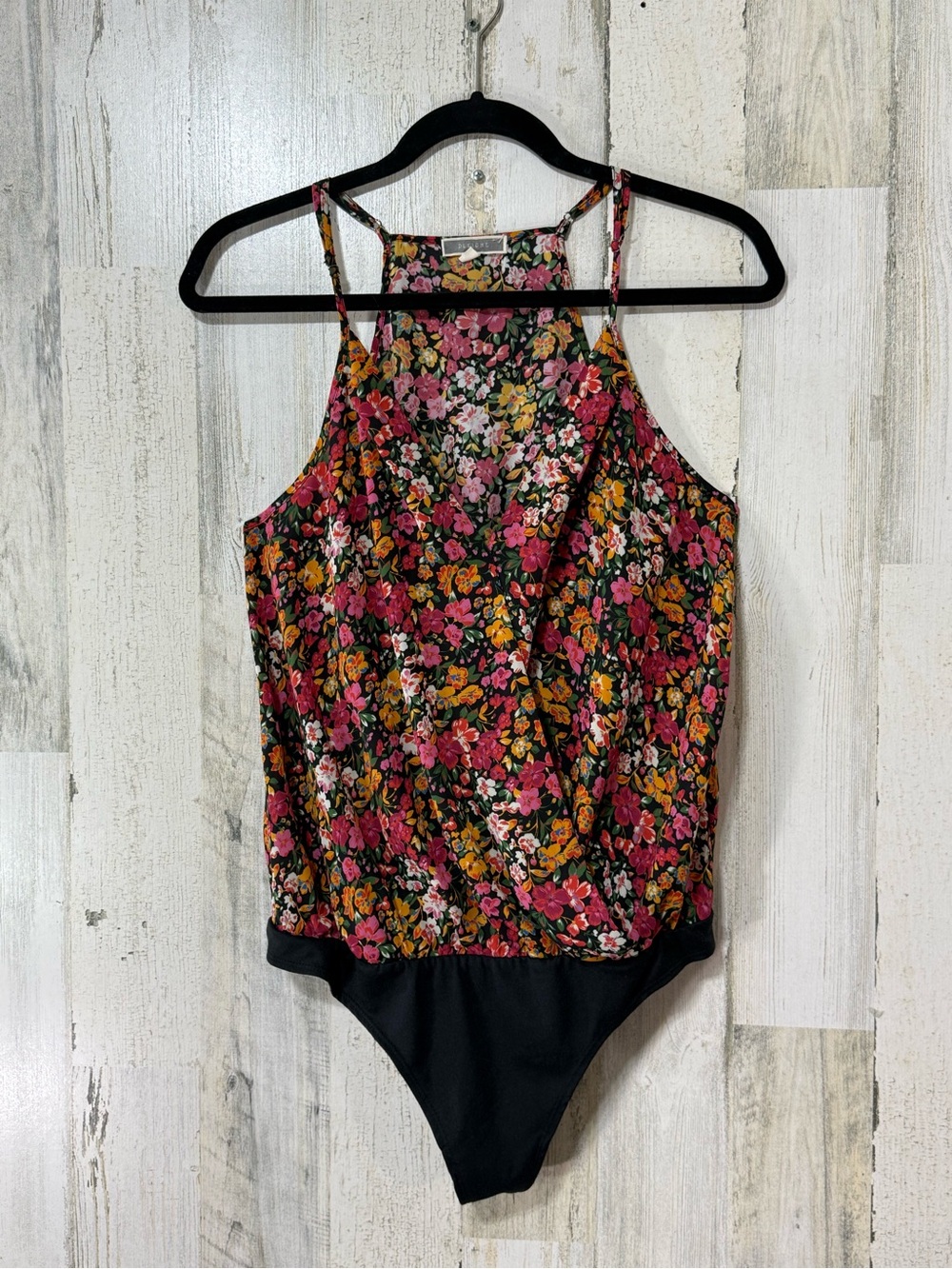 Pleione Floral Halter Bodysuit in Black with Pink & Yellow Flowers